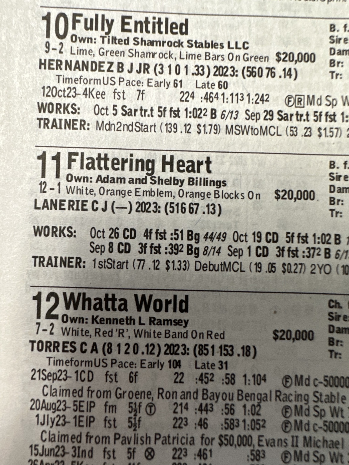 Flattering Heart listed as number 11 in the Churchill Downs program