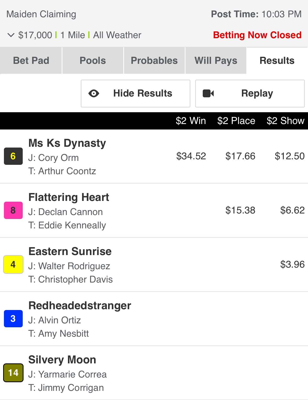 Turfway Park results showing Flattering Heart finishing second