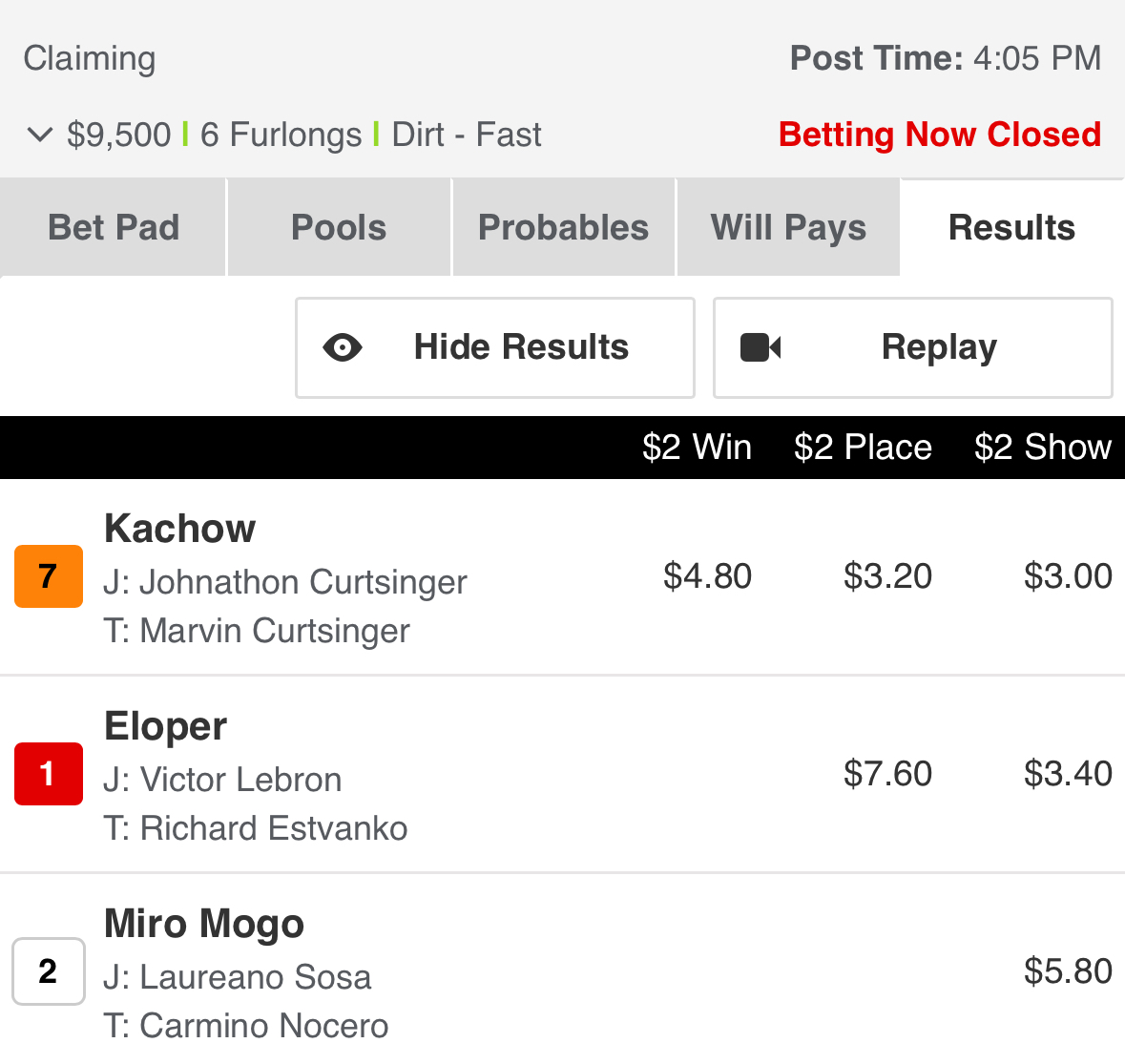 Race results showing Kachow as the winner